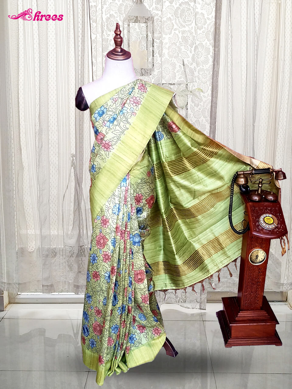 Light Sandalwood Color Tussar Silk Saree with Kalamkari Applique Work -  Saree & Stitched Designer Blouse | Tussar silk saree, Handloom saree, Blue  shades colors