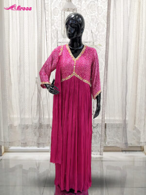 Hot Pink Chiffon Alia Cut Long Readymade Salwar-XL