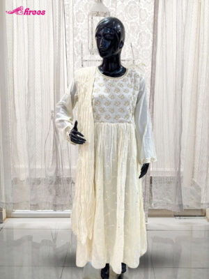 White Anarkali Silk Cotton Kurthi-XXL