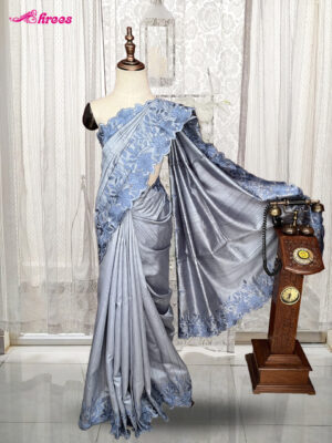 Ash Blue Tussar Silk Saree