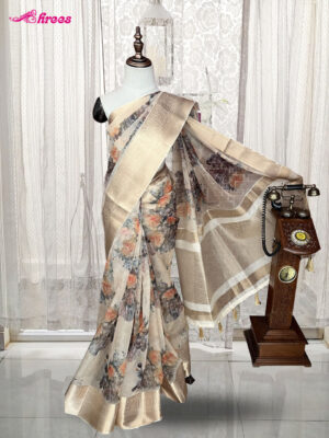 Cream Organza Silk Saree