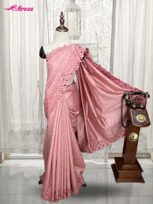 Peach Cutwork Tussar Silk Saree