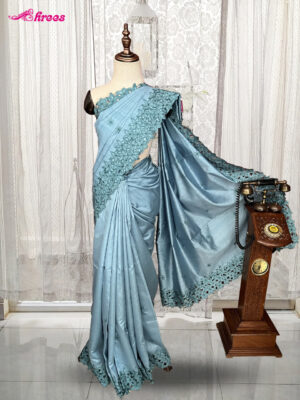 Ash Blue Cutwork Tussar Silk Saree
