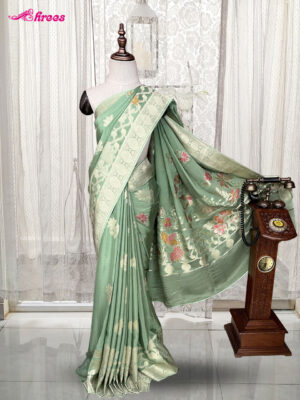 Pista Green Georgette Banaras Silk Saree