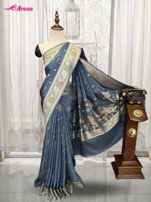 Ash Blue Georgette Banaras Silk Saree