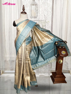 Beige And Blue Tissue Silk Saree