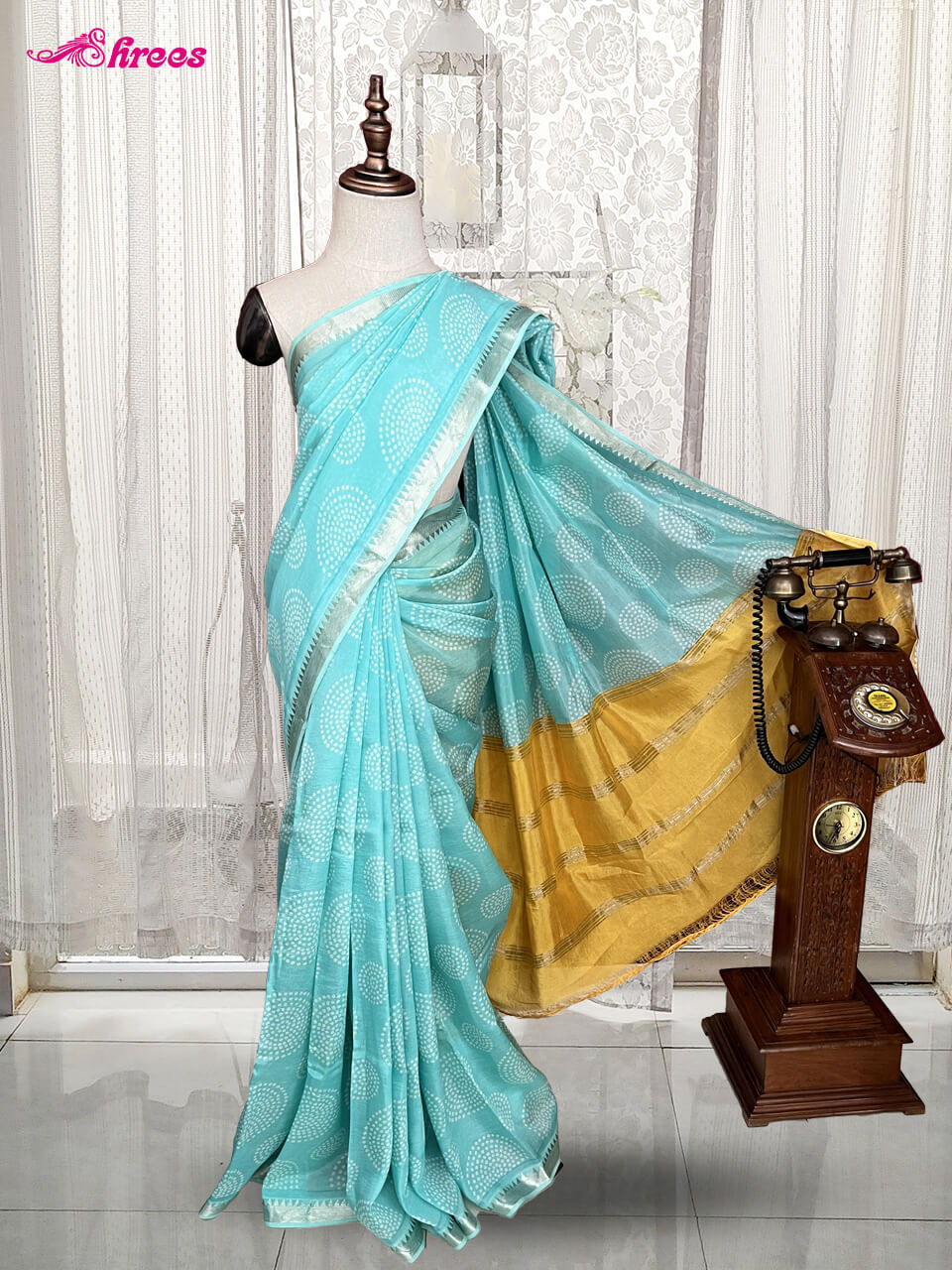 Turquoise Blue Tussar Silk Saree