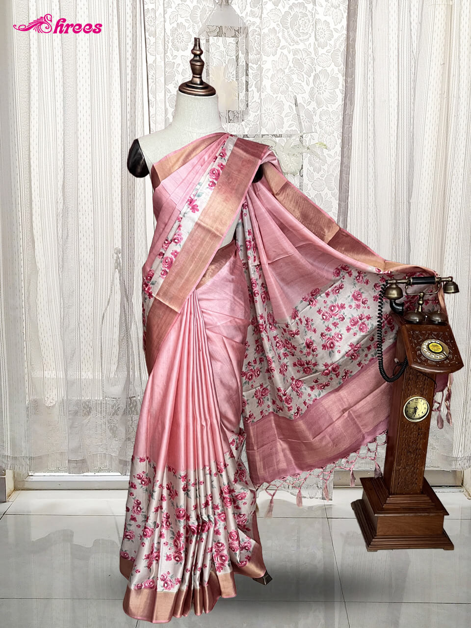 Pink Semi Tussar Silk Saree