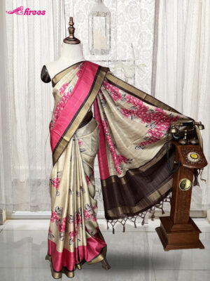 Cream And Pink Semi Tussar Silk Saree