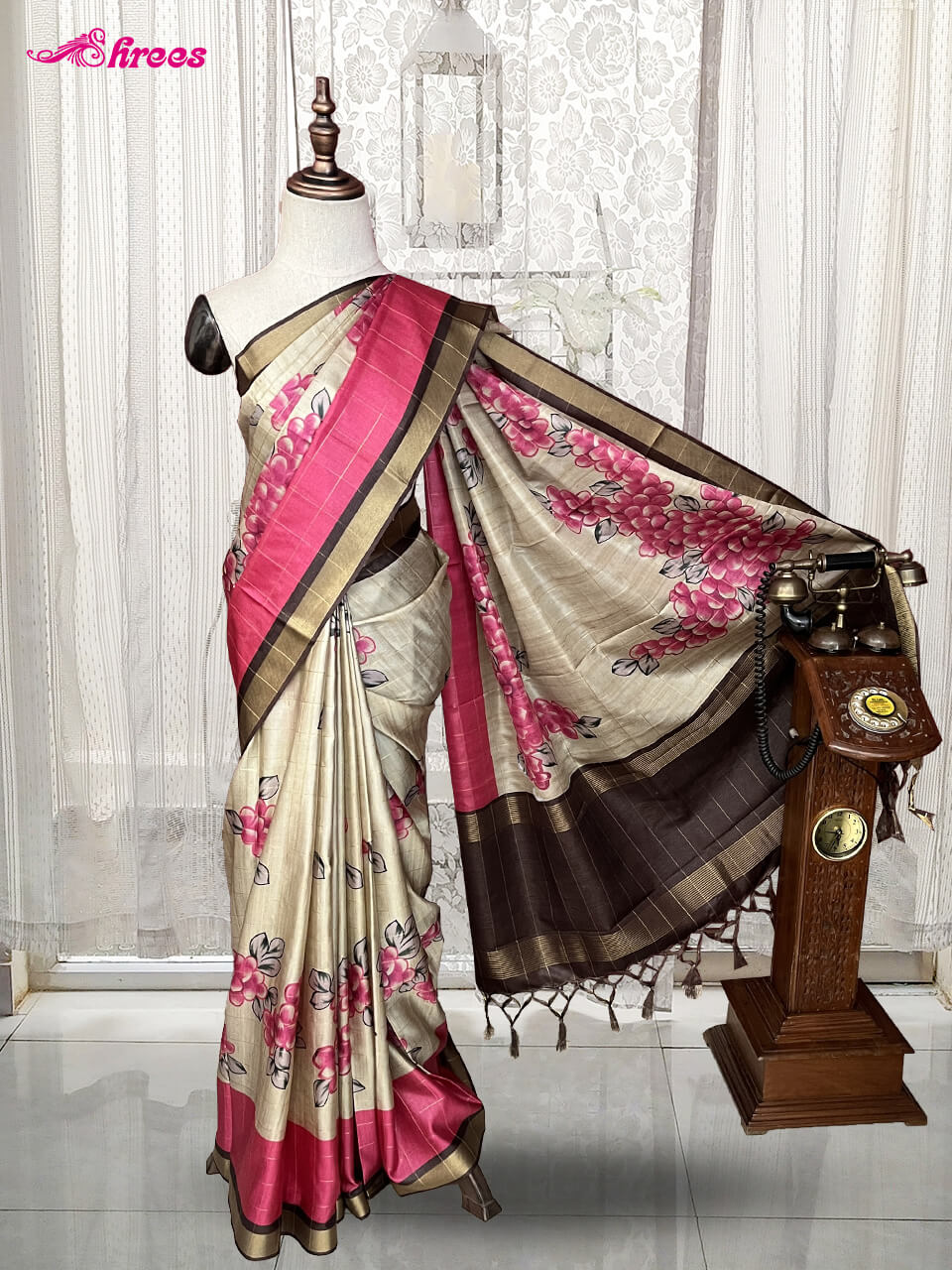 Cream And Pink Semi Tussar Silk Saree