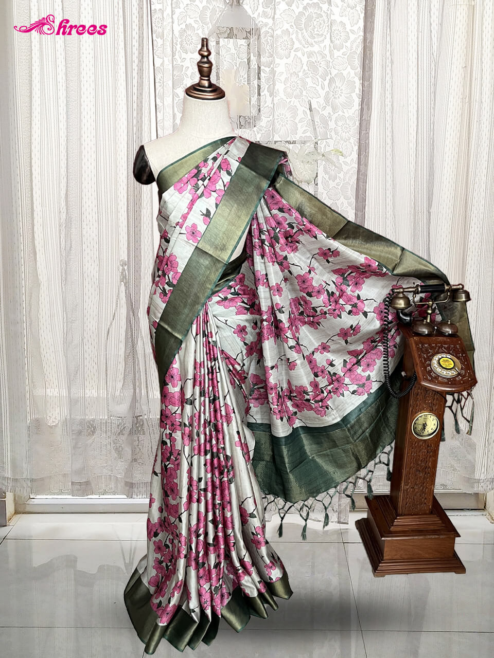 Ash Colour Printed Semi Tussar Silk Saree