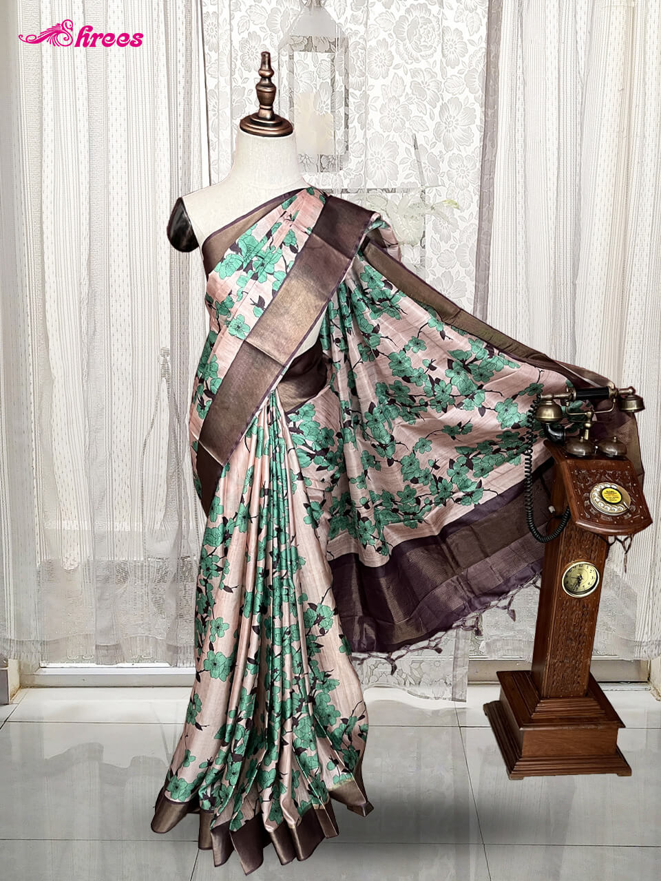 Pastel Pink Printed Semi Tussar Silk Saree