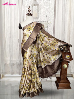 Beige Printed Semi Tussar Silk Saree