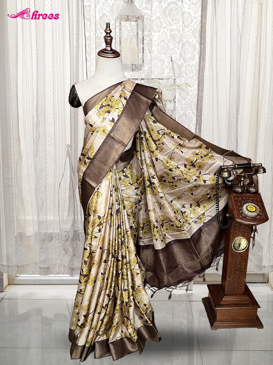 Beige Printed Semi Tussar Silk Saree