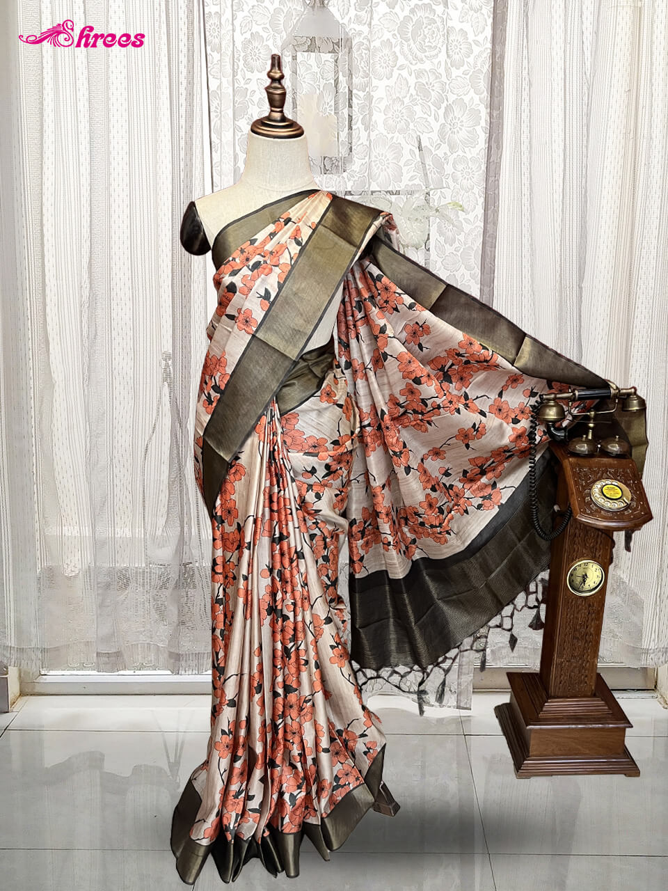 Pastel Peach Printed Semi Tussar Silk Saree