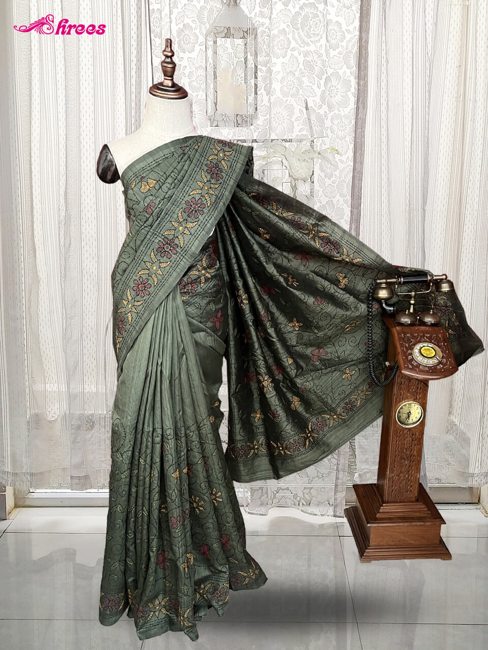 Dark Olive Green Tussar Silk Saree
