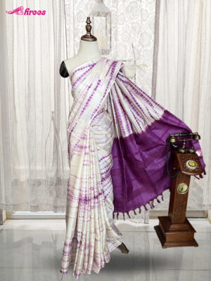 White And Purple Shibori Printed Tussar Silk Saree