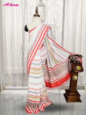 White And Red Pure Linen Cotton Saree