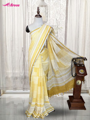 Pale Yellow Pure Linen Cotton Saree