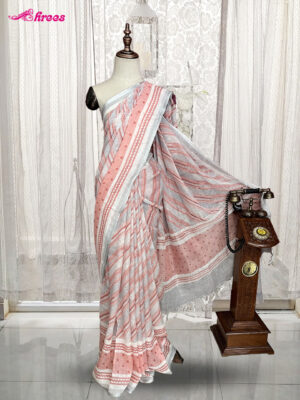 Ash And Peach Pure Linen Cotton Saree