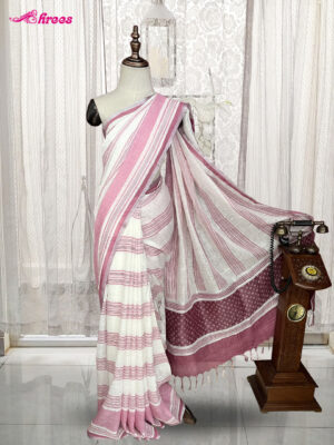White And Pink Pure Linen Cotton Saree
