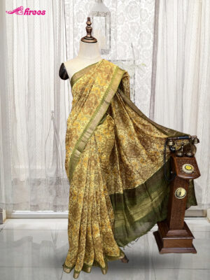 Mustard Yellow Linen Handloom Printed Cotton Saree