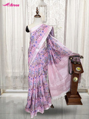 Taffy Pink Linen Handloom Printed Cotton Saree