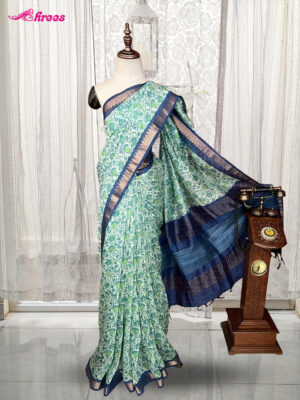 Sea Green Linen Handloom Printed Cotton Saree