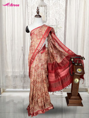 Peach And Red Linen Handloom Printed Cotton Saree