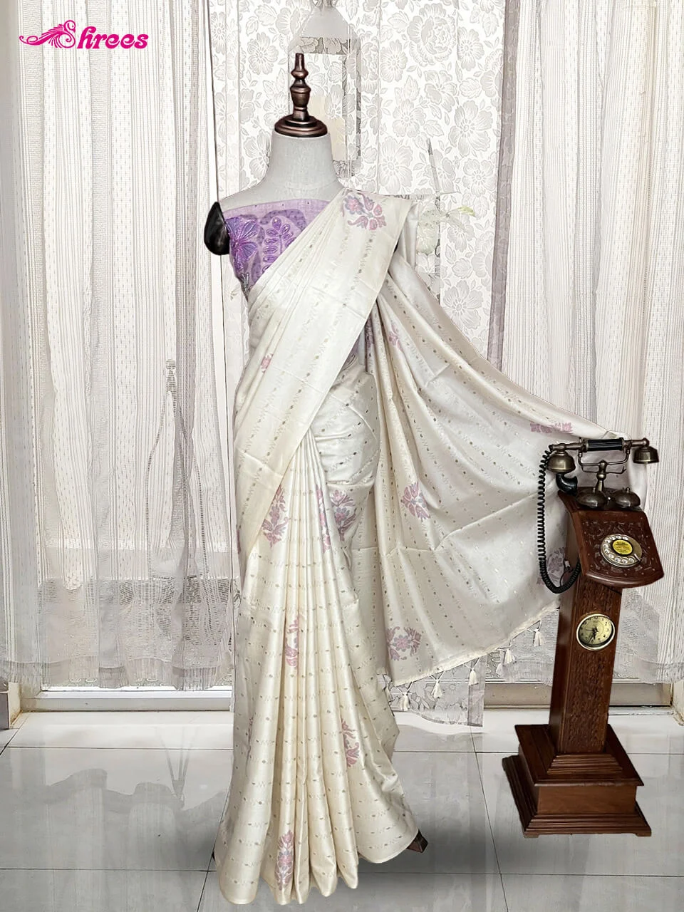 Cream Tussar Silk Saree