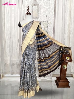 Blue Kalamkari Printed Cotton Saree
