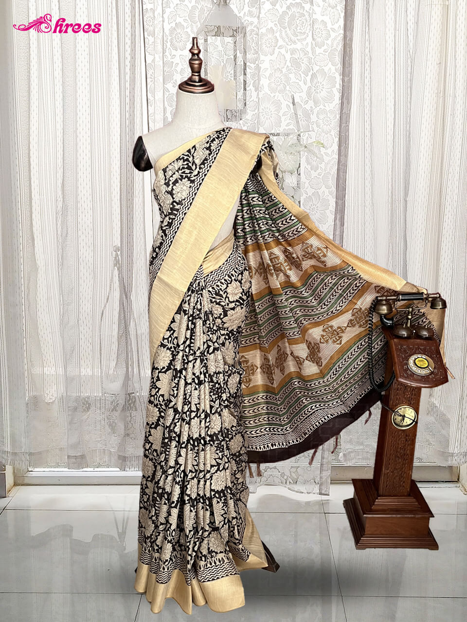 Black Kalamkari Printed Cotton Saree