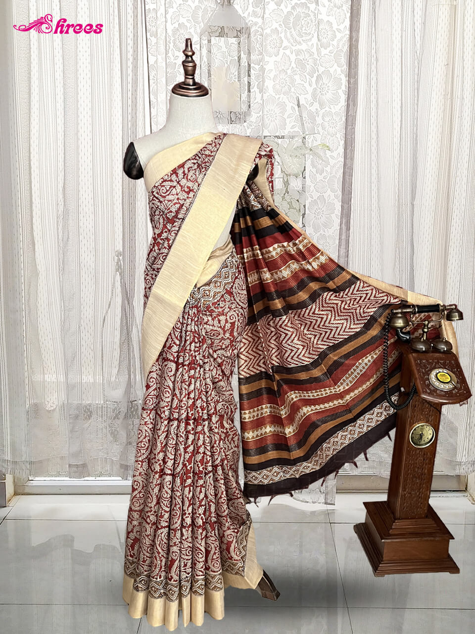 Red Kalamkari Printed Cotton Saree