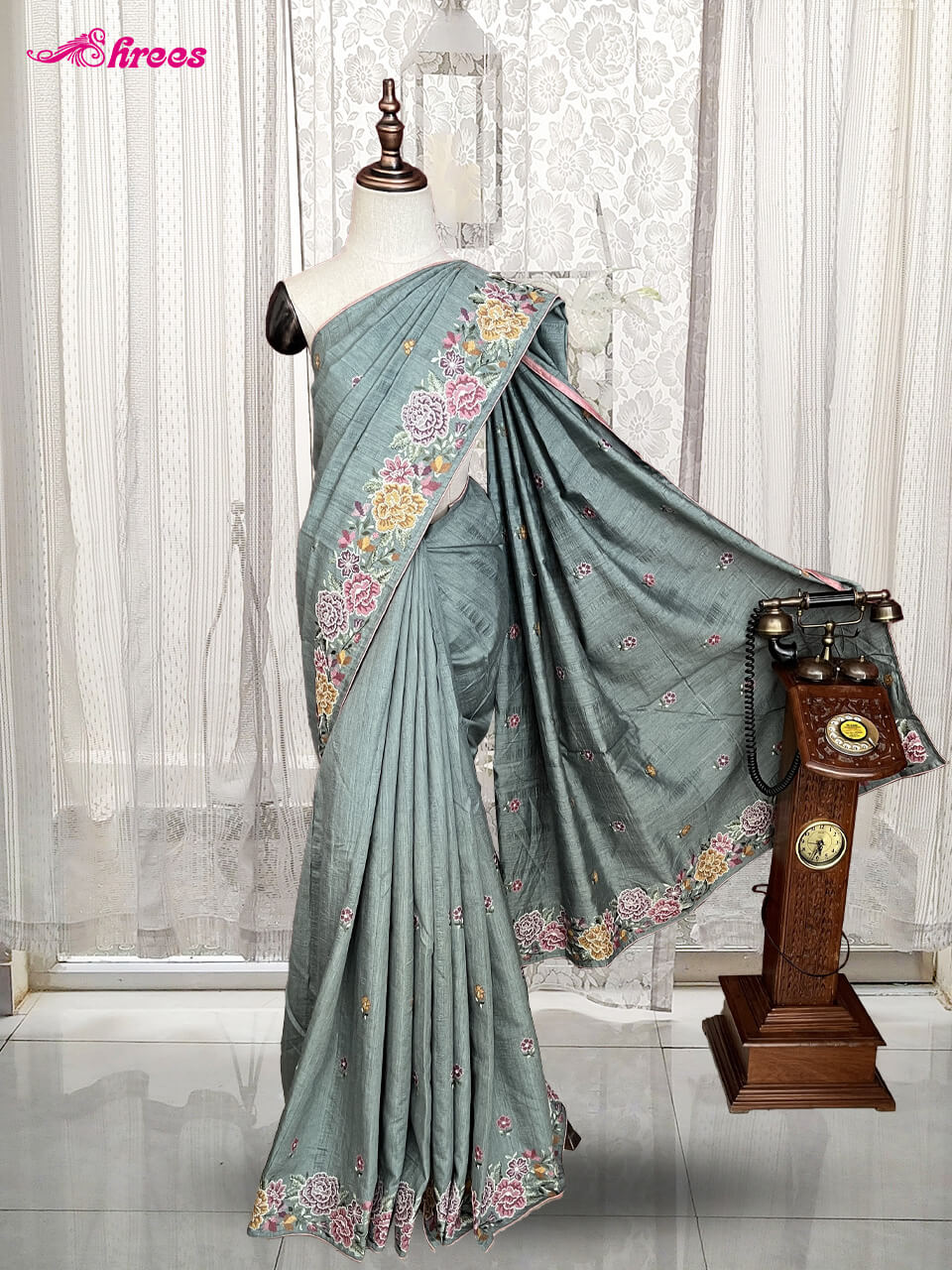 Ash Grey Tussar Silk Saree