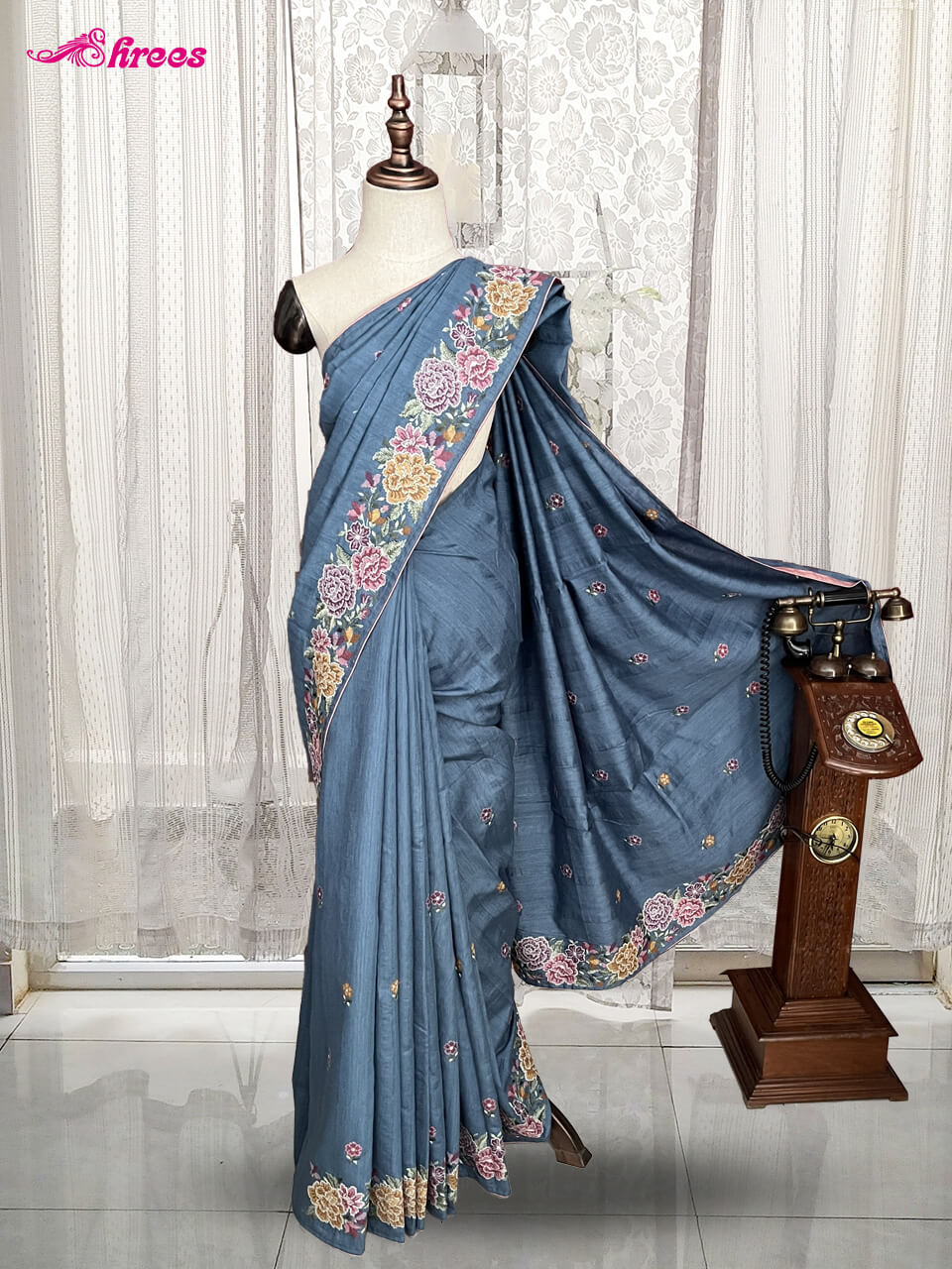 Slate Blue Tussar Silk Saree