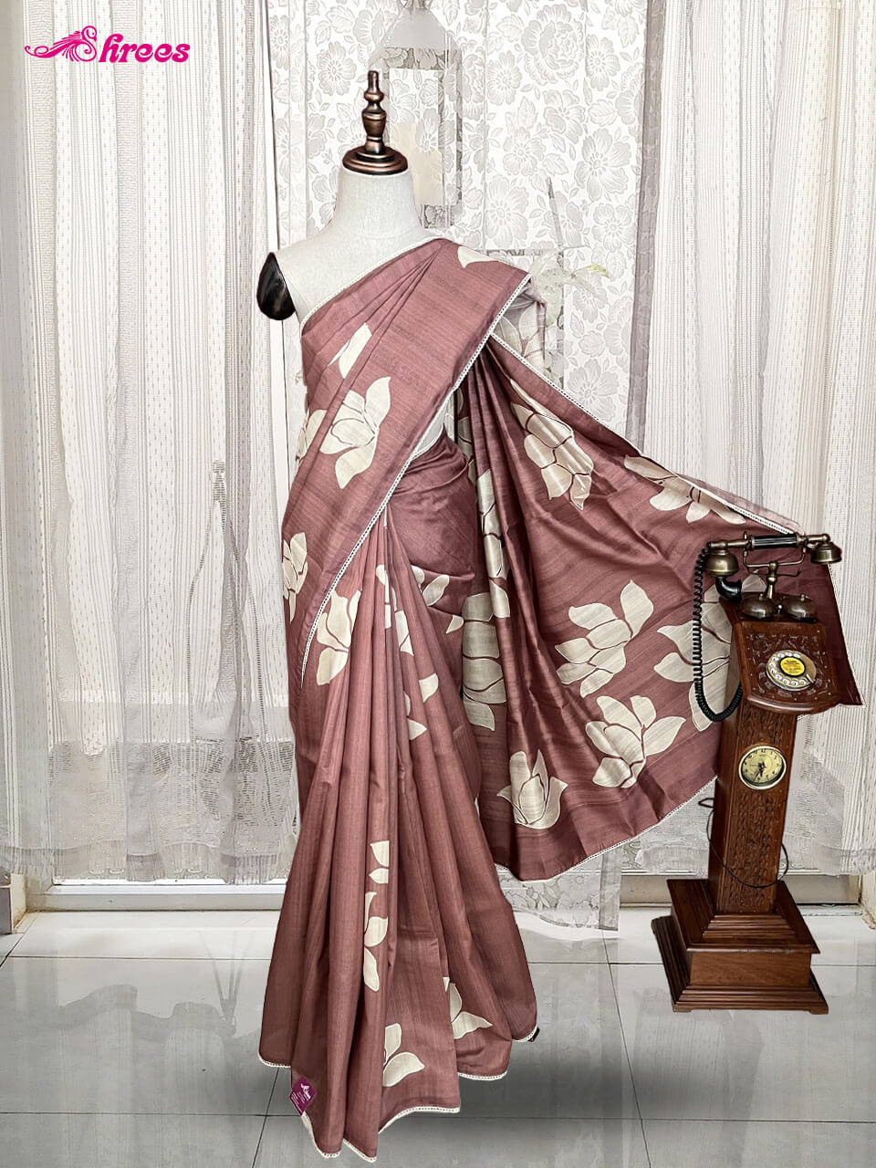 Woodrose Pink Tussar Silk Saree
