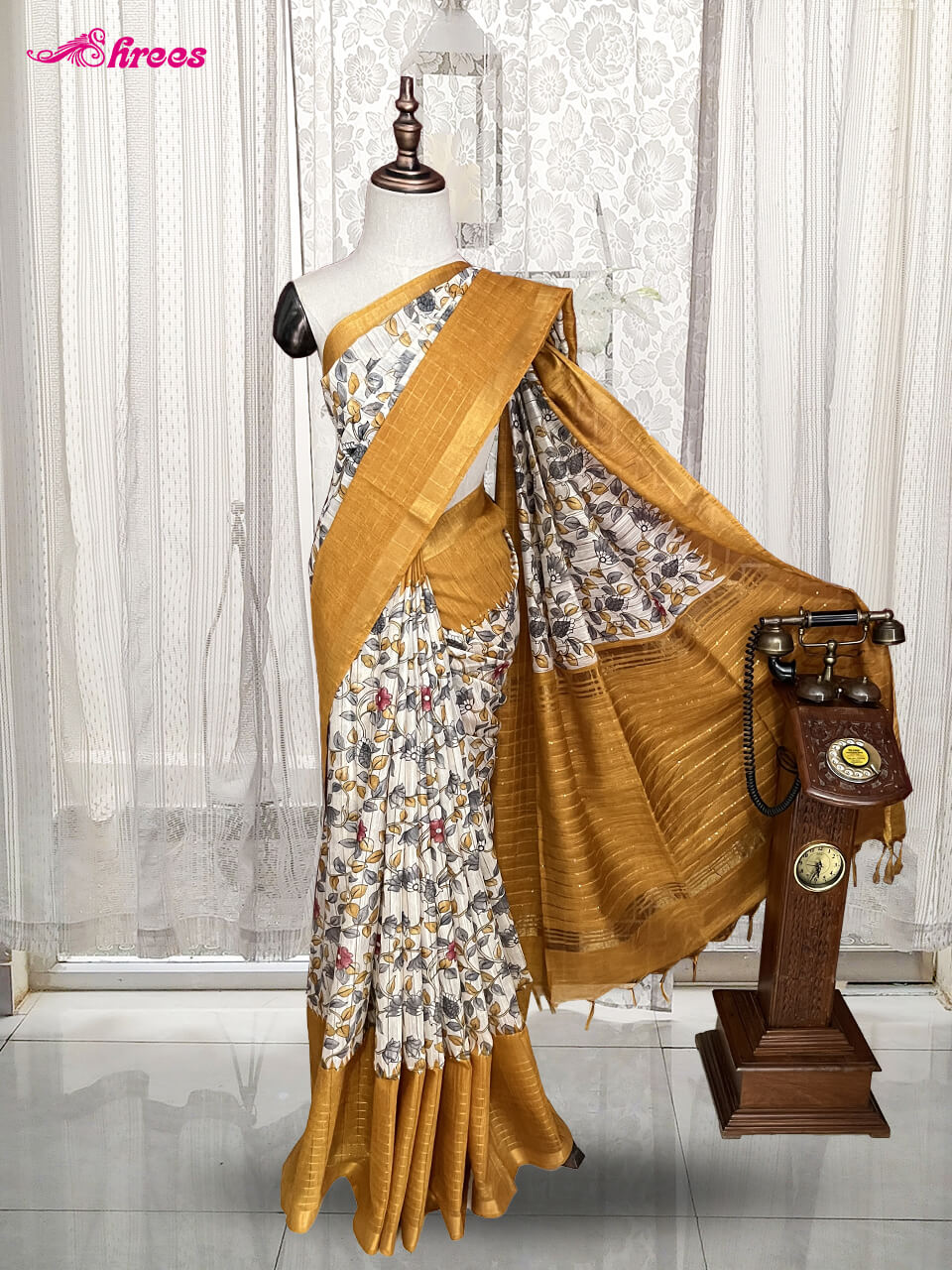 White And Mustard Yellow Cotton Saree