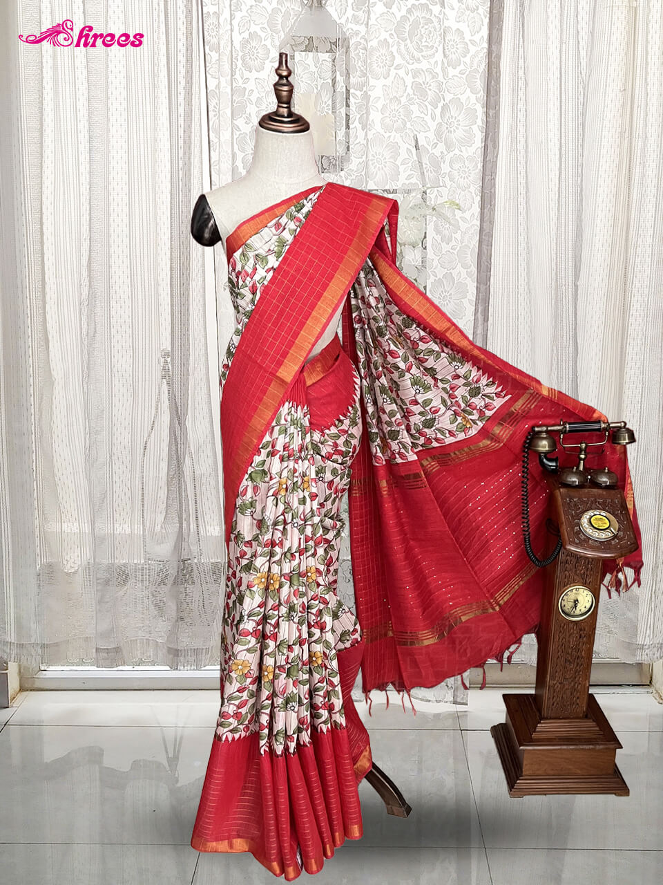 White And Red Cotton Saree