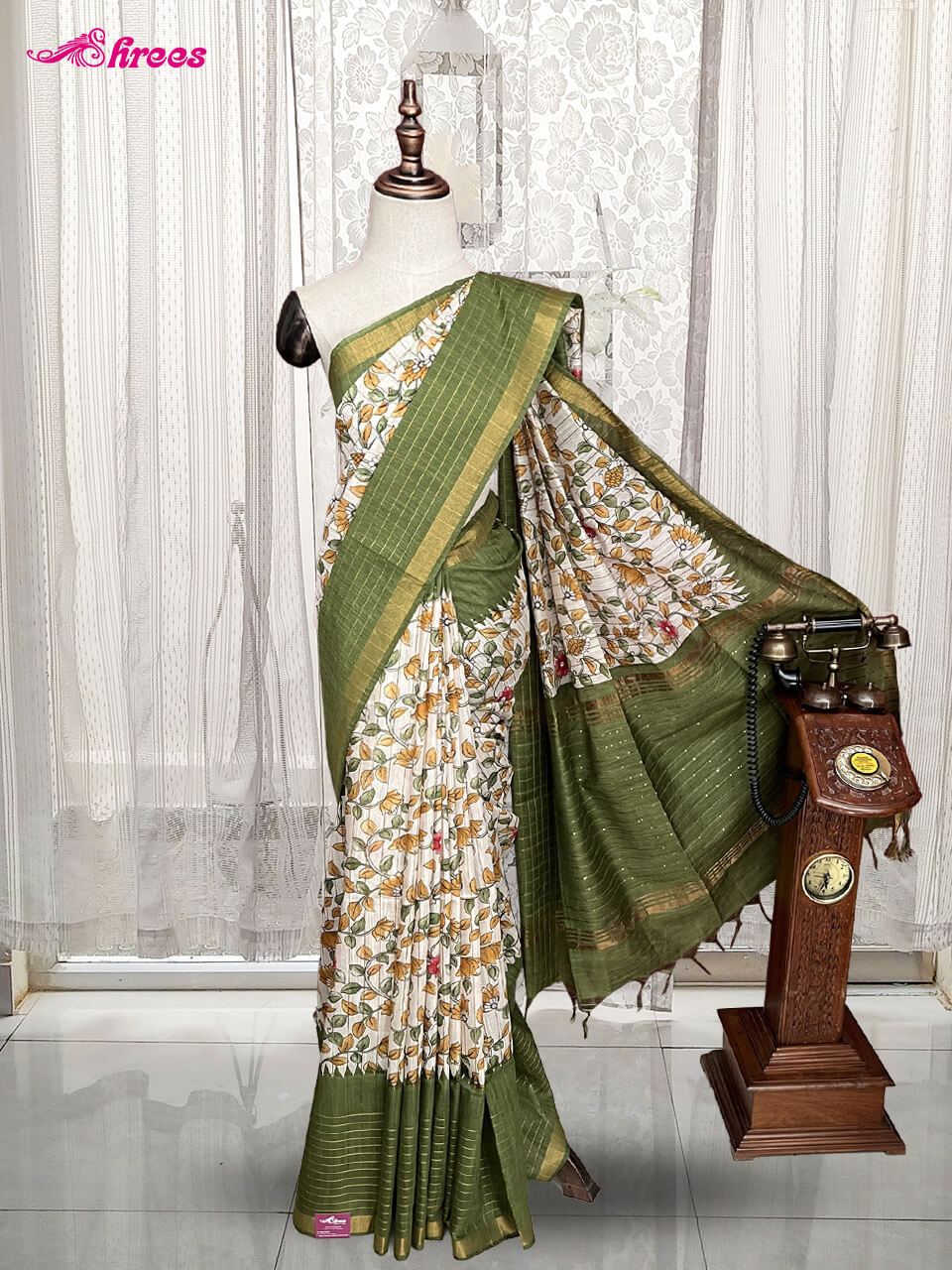 White And Green Cotton Saree