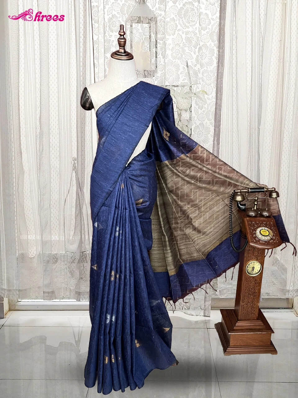 Navy Blue Jute Cotton Saree