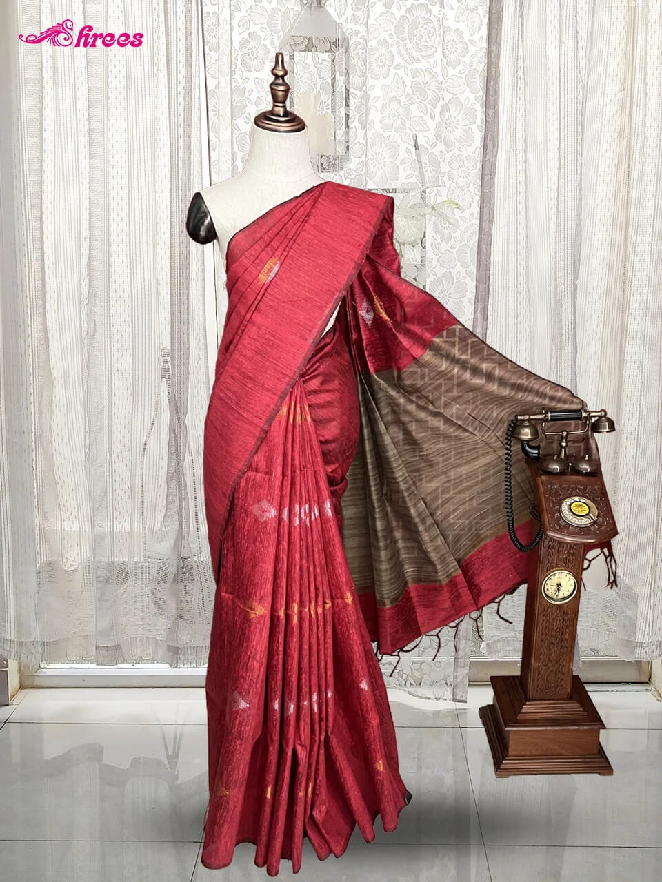 Red Jute Cotton Saree