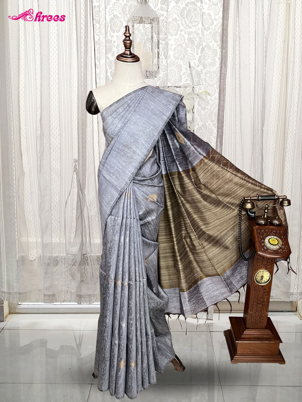Ash Colour Jute Cotton Saree