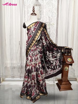 Ash And Maroon Printed Chanderi Cotton Saree