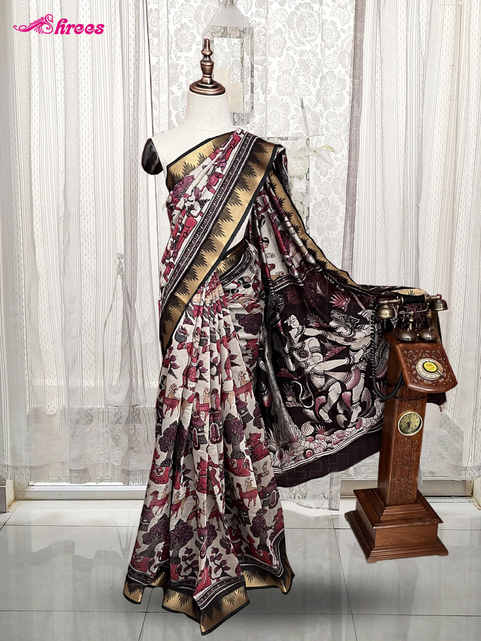 Ash And Maroon Printed Chanderi Cotton Saree