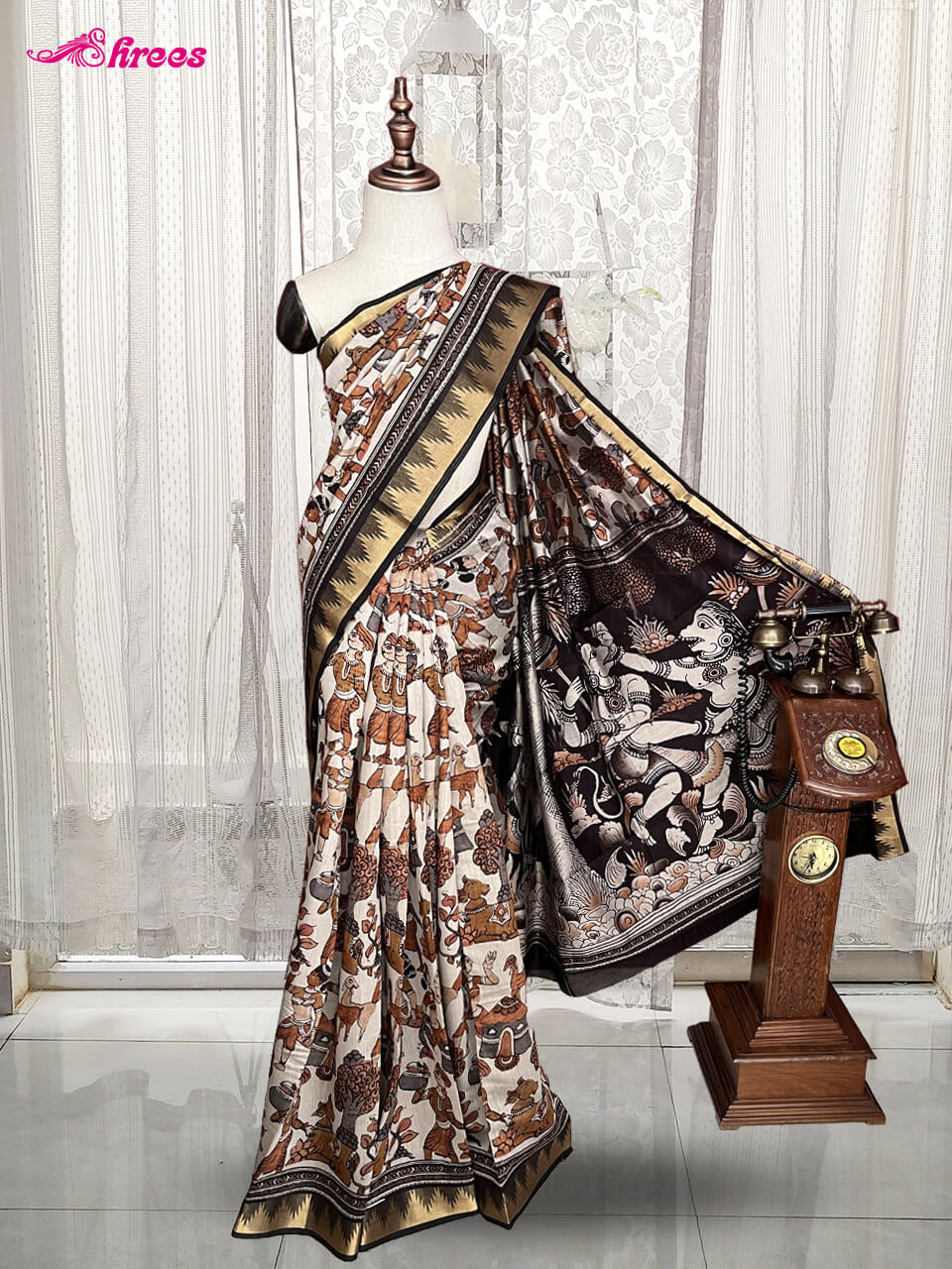 Cream And Green Printed Chanderi Cotton Saree