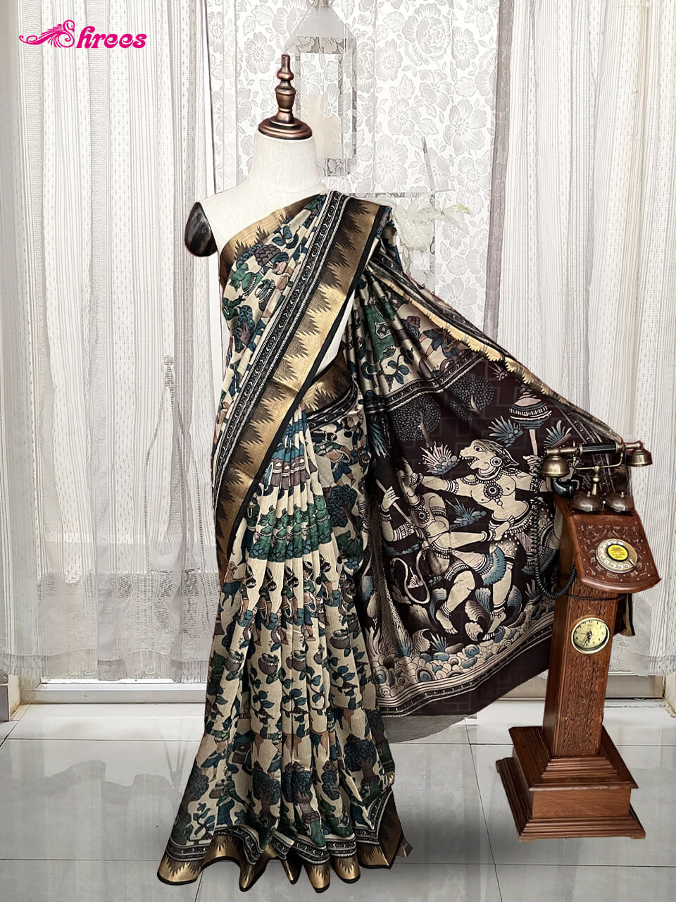 Cream And Green Printed Chanderi Cotton Saree