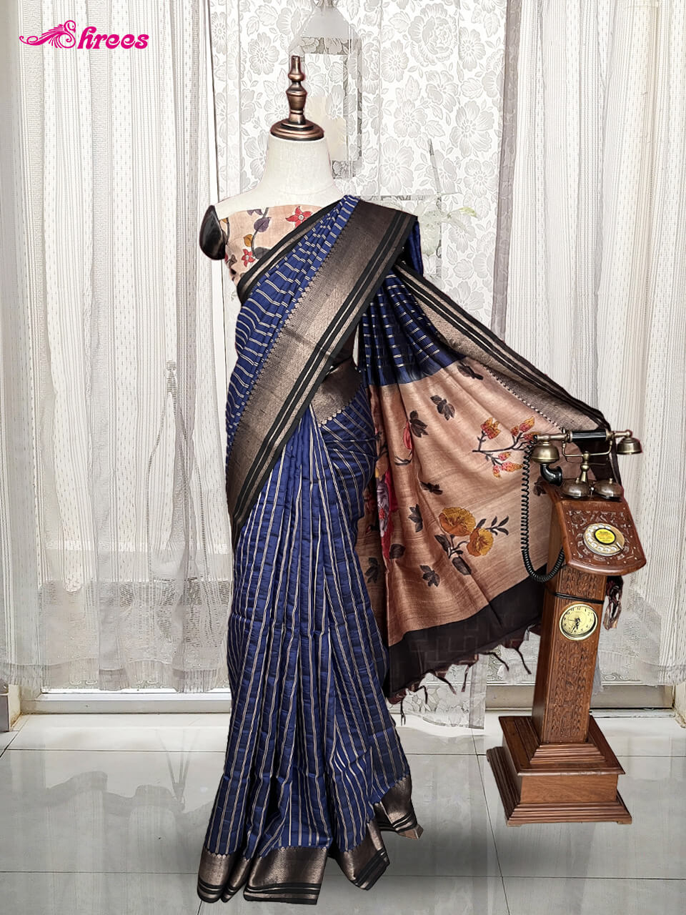 Navy Blue Pure Tussar Silk Handloom Saree