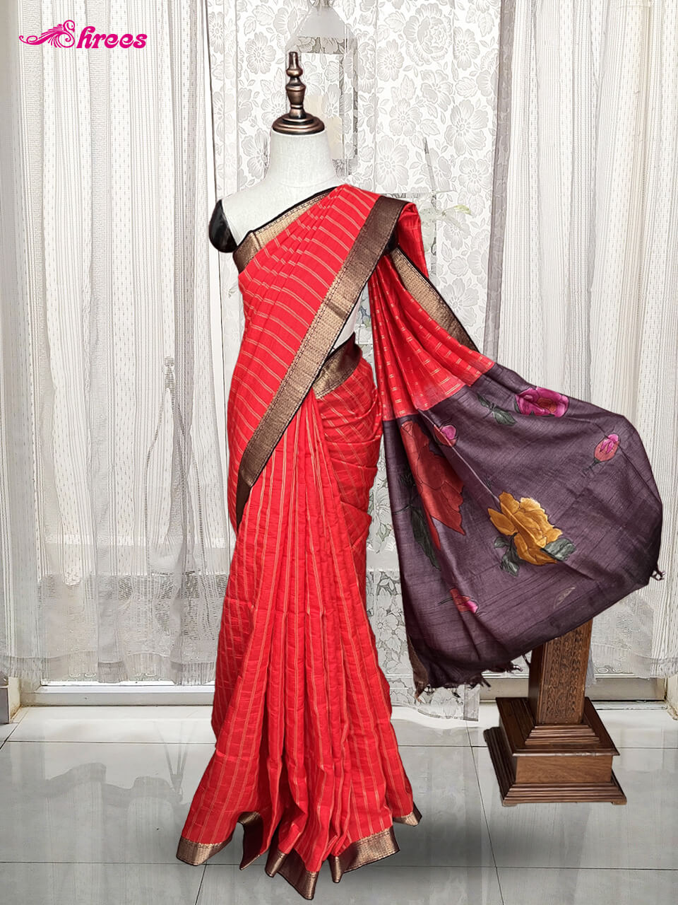 Red Pure Tussar Silk Handloom Saree