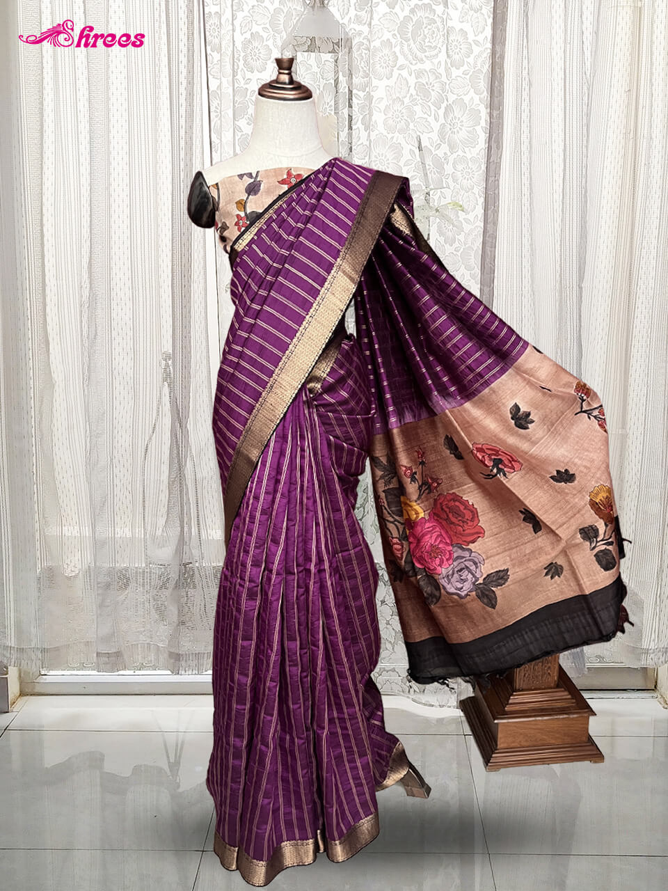 Violet Purple Pure Tussar Silk Handloom Saree