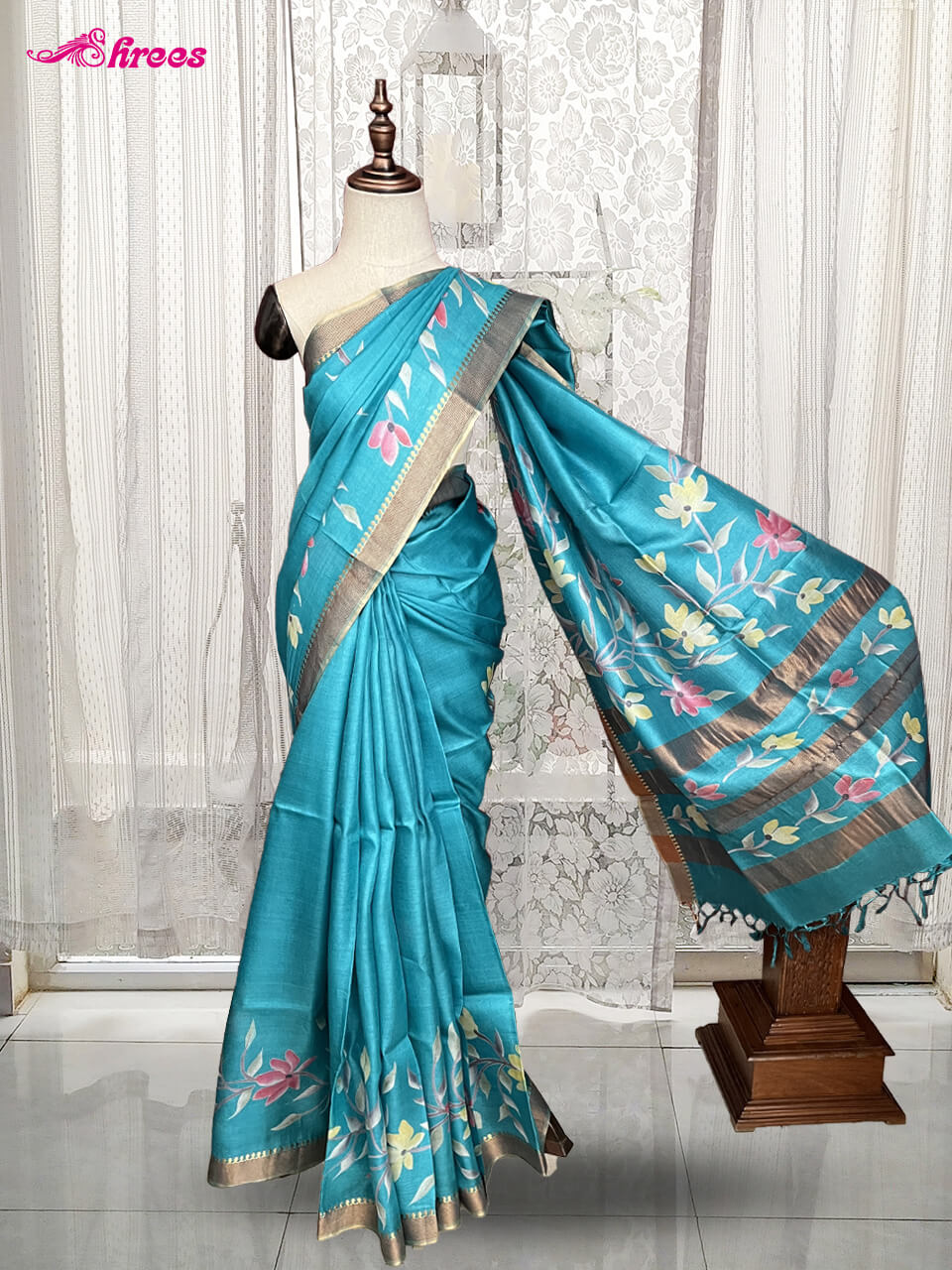 Turquoise Blue Pure Tussar Silk Saree